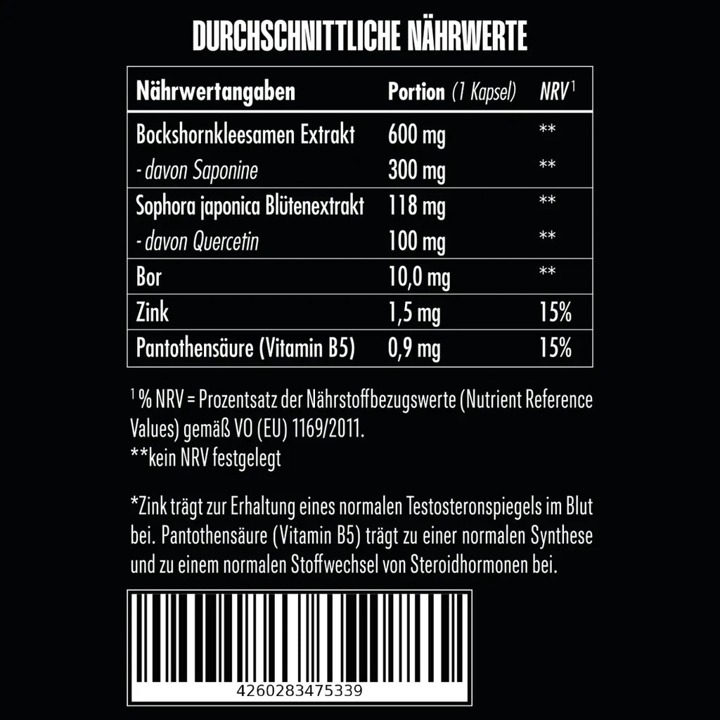 Big Zone Bor+ 90 Kapseln – Nährwerte: 10mg Bor, 600mg Bockshornklee-Extrakt, 100mg Quercetin, Zink und Vitamin B5 pro Kapsel