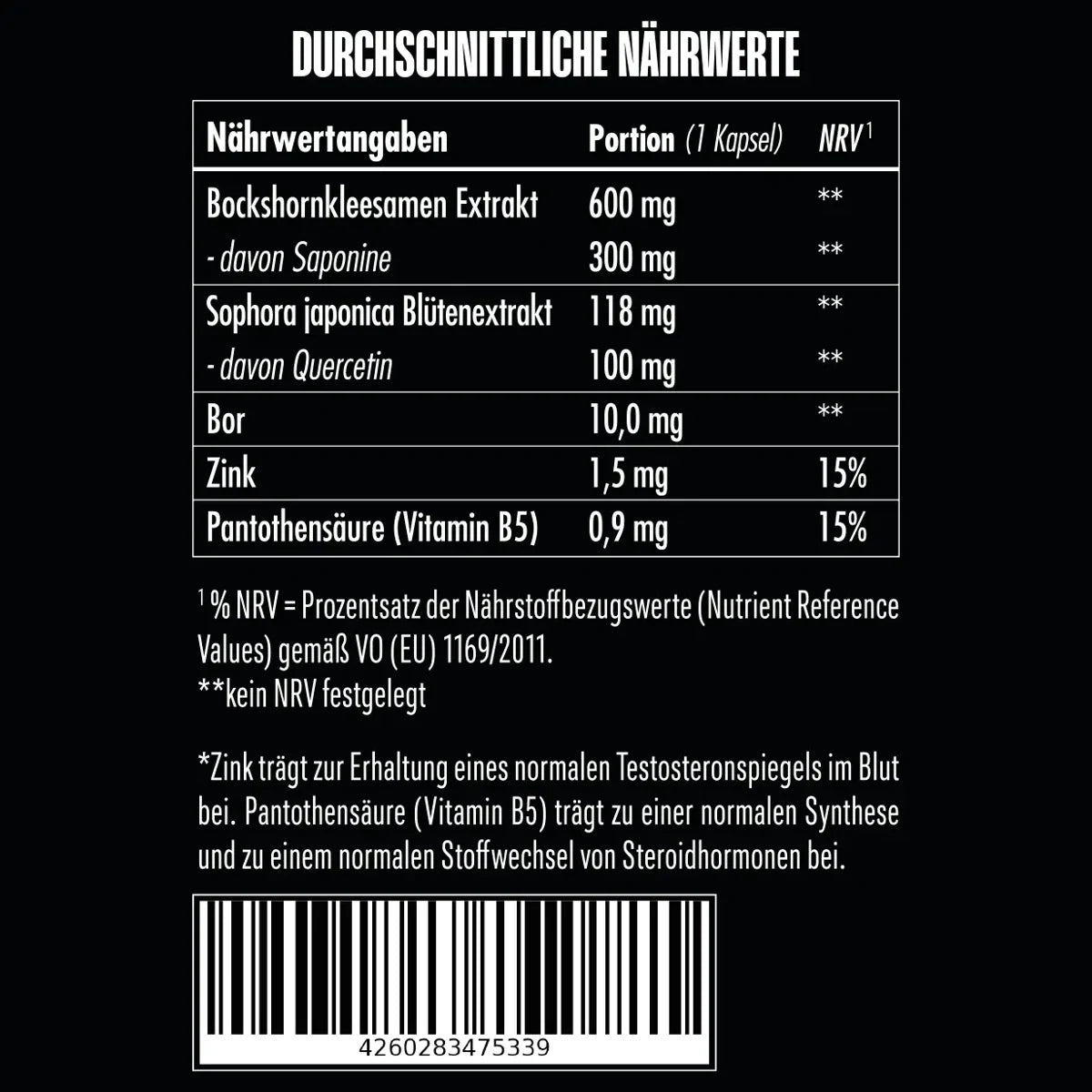 Big Zone Bor+ 90 Kapseln – Nährwerte: 10mg Bor, 600mg Bockshornklee-Extrakt, 100mg Quercetin, Zink und Vitamin B5 pro Kapsel