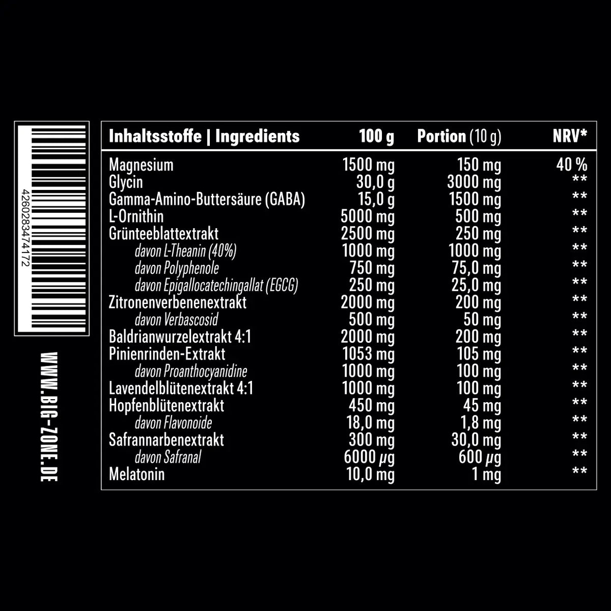 Dose Big Zone Reset PM 300g Pfirsich-Melisse, veganes Schlaf Pulver mit 1'500mg GABA, 3'000mg Glycin und Magnesium für 30 Abende Facts
