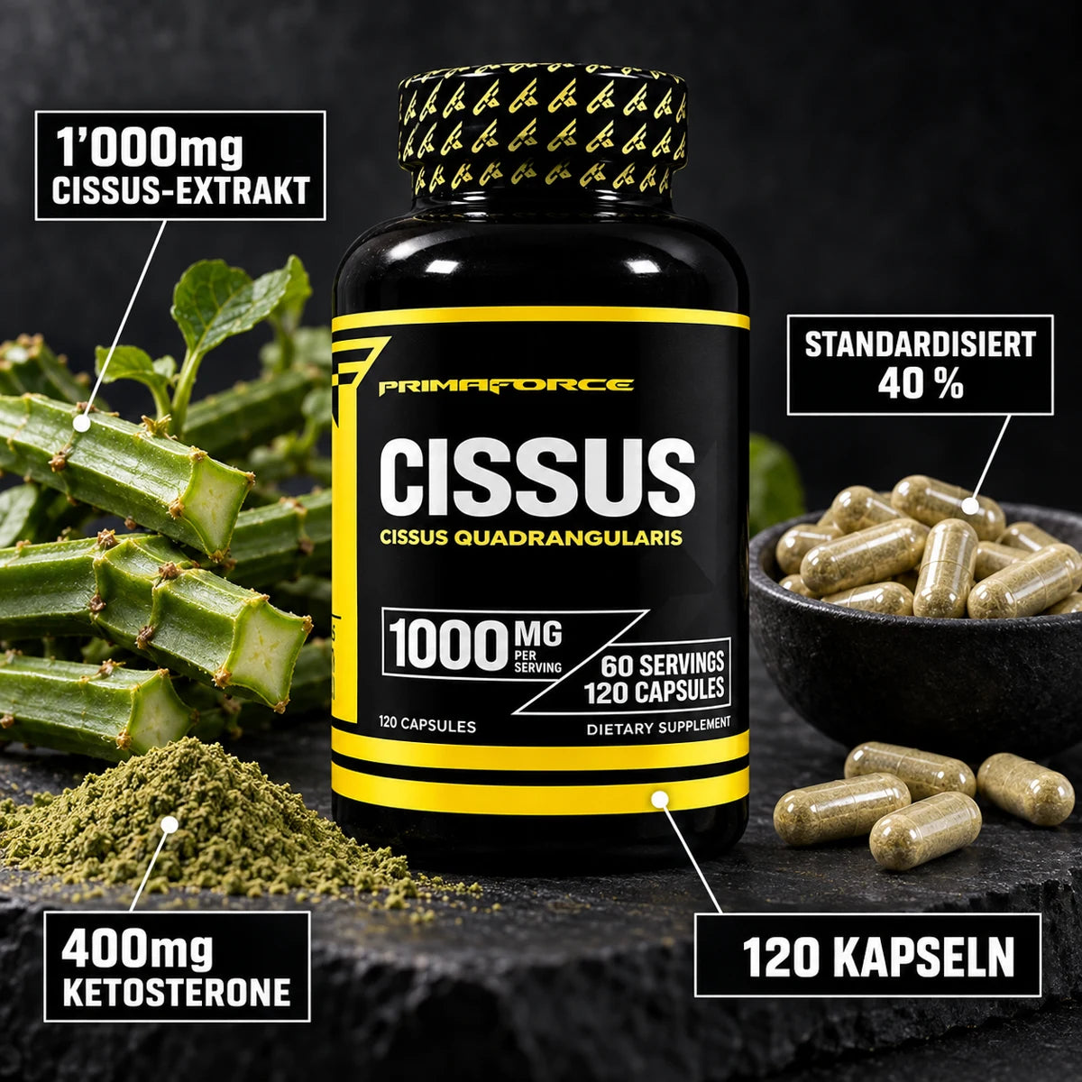 Cissus Quadrangularis 1000mg Kapseln – 1'000mg Cissus-Extrakt, 400mg Ketosterone, standardisiert, 120 Kapseln