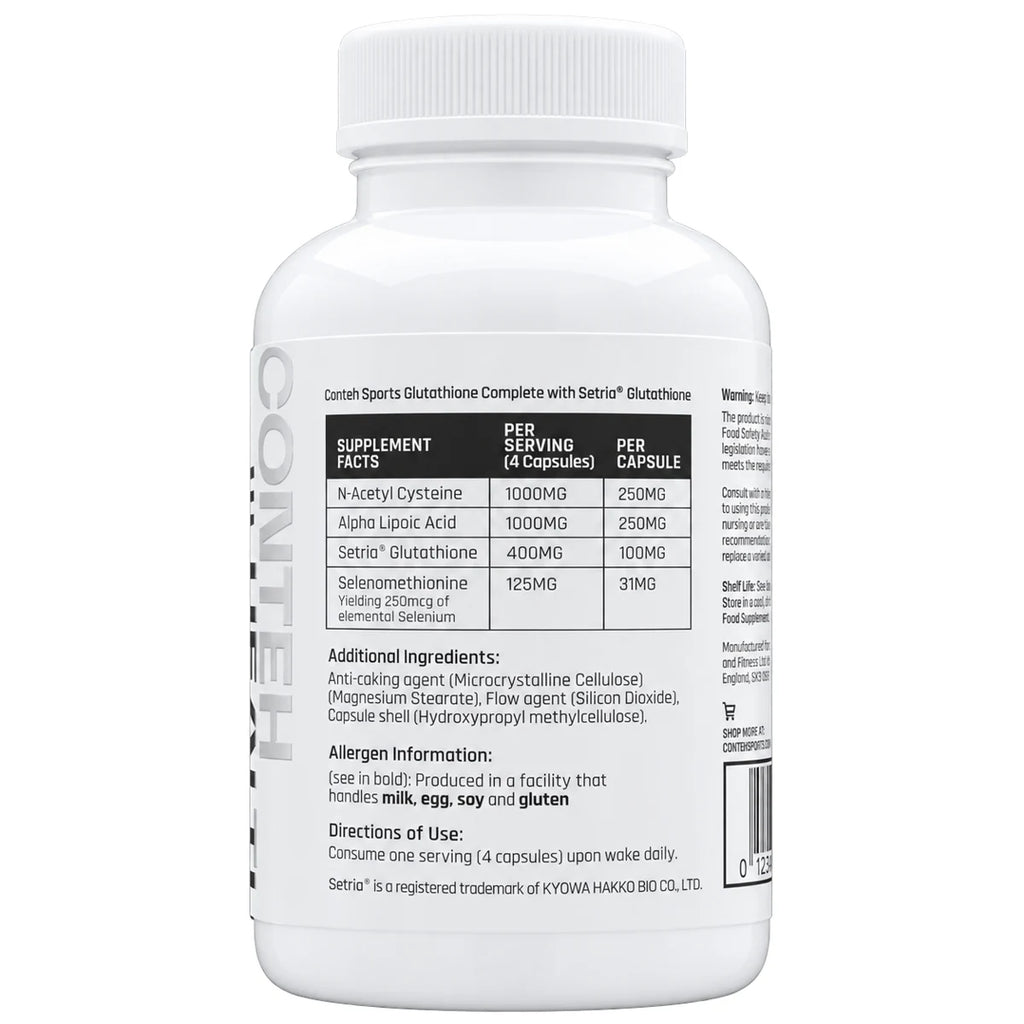 Conteh Sports Glutathione Complete – Nährwerte und Zutaten: 400mg Setria Glutathion, 1'000mg NAC, 1'000mg Alpha-Liponsäure pro 4 Kapseln