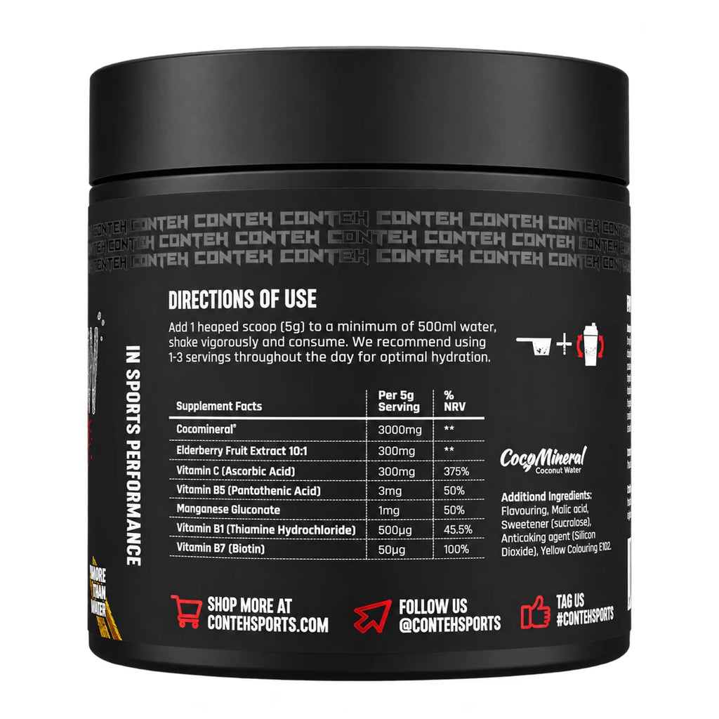 Conteh Sports Hydra Flow 300g Elektrolyte Pulver – Nährwerte und Zutaten: 3'000mg CocoMineral Kokoswasser, 300mg Vitamin C pro 5g