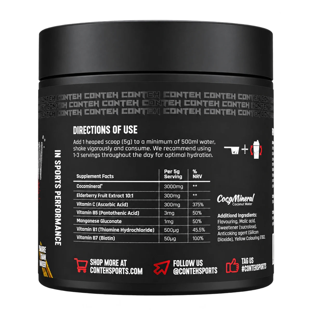 Conteh Sports Hydra Flow 300g Elektrolyte Pulver – Nährwerte und Zutaten: 3'000mg CocoMineral Kokoswasser, 300mg Vitamin C pro 5g
