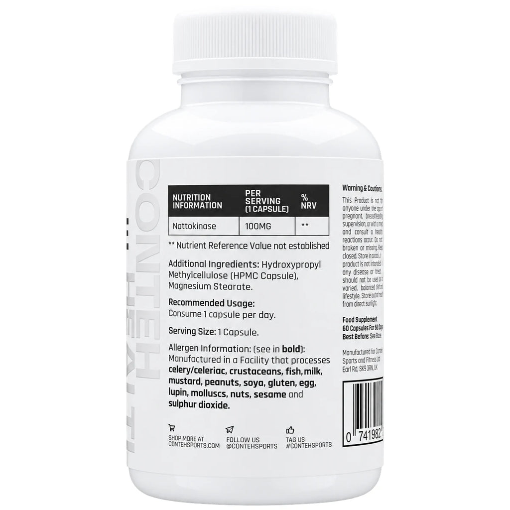 Conteh Sports Nattokinase 60 Kapseln – Nährwerte und Zutaten: 100mg Nattokinase pro Kapsel, 1 Kapsel täglich