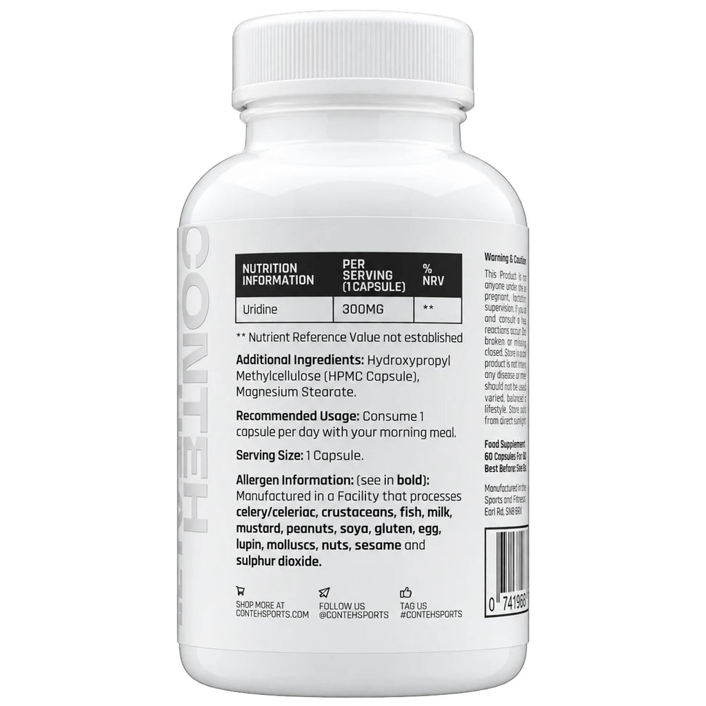 Conteh Sports Uridine 60 Kapseln – Nährwerte und Zutaten: 300mg Uridin pro Kapsel, 1 Kapsel täglich