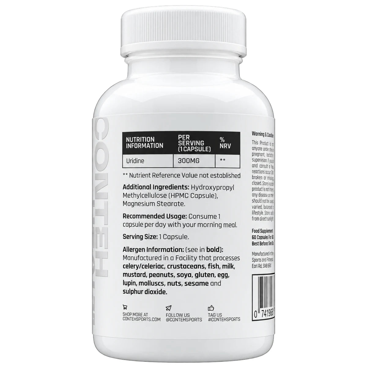 Conteh Sports Uridine 60 Kapseln – Nährwerte und Zutaten: 300mg Uridin pro Kapsel, 1 Kapsel täglich