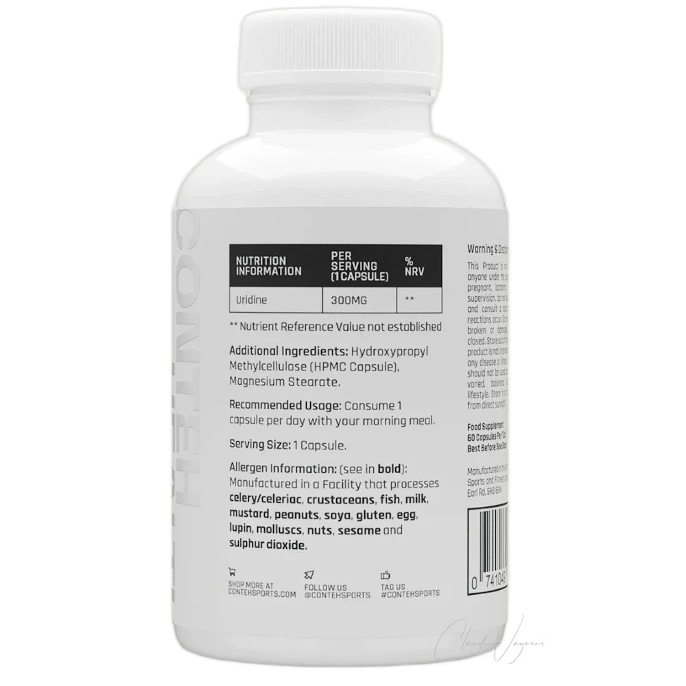 Conteh Sports Uridine 300mg Dose mit 60 Kapseln Uridin, entwickelt mit Atlas Laboratories UK, weisser Hintergrund