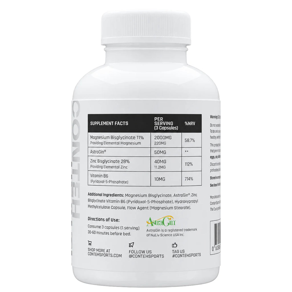 Conteh Sports ZMg 180 Kapseln – Nährwerte und Zutaten: 220mg Magnesium und 11,2mg Zink als Bisglycinat, 10mg Vitamin B6 pro 3 Kapseln