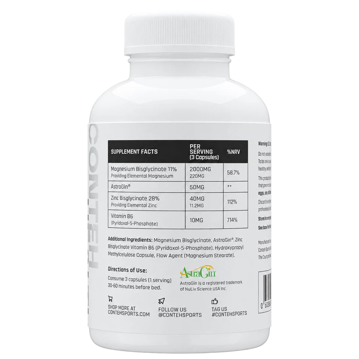 Conteh Sports ZMg 180 Kapseln – Nährwerte und Zutaten: 220mg Magnesium und 11,2mg Zink als Bisglycinat, 10mg Vitamin B6 pro 3 Kapseln