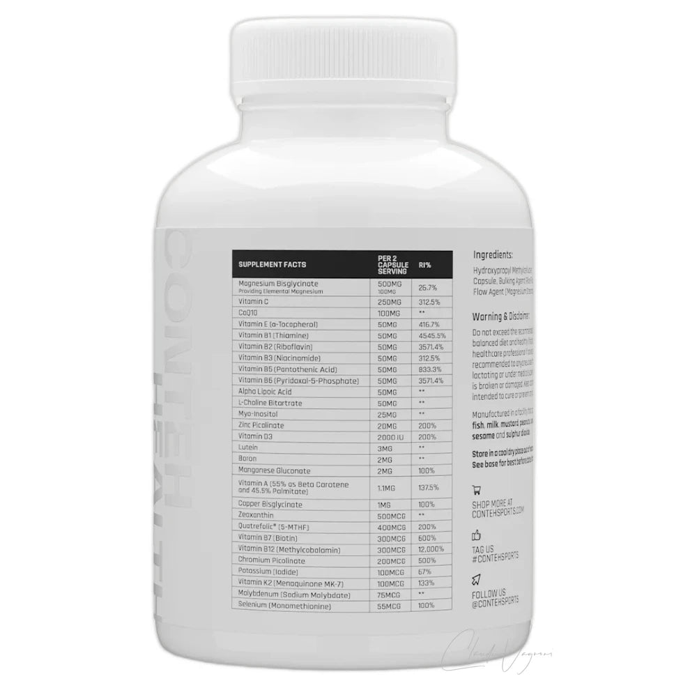Etikett Conteh Sports Multi-Vitamin Complete Iron Free Formula, Multivitamin ohne Eisen für Sportler mit allen Mengen