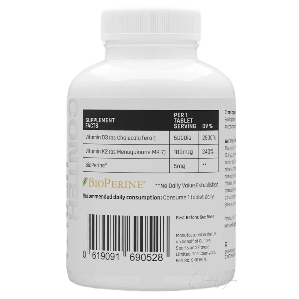Etikett Conteh Sports Vitamin D3 K2 mit 5'000 I.E. D3, 180µg K2 MK-7 und BioPerine pro Tablette