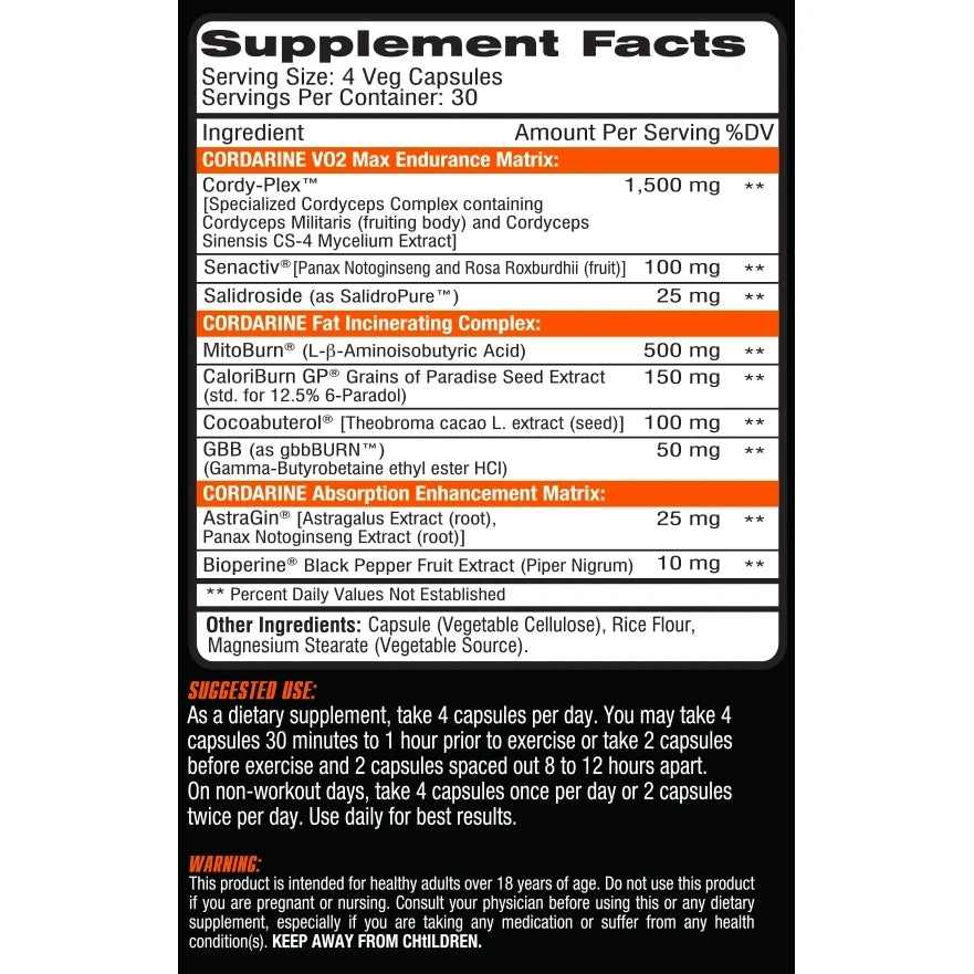 Etikett Cordarine mit Supplement Facts 1500mg Cordy Plex 500mg MitoBurn und 150mg CaloriBurn GP pro Portion ohne Koffein