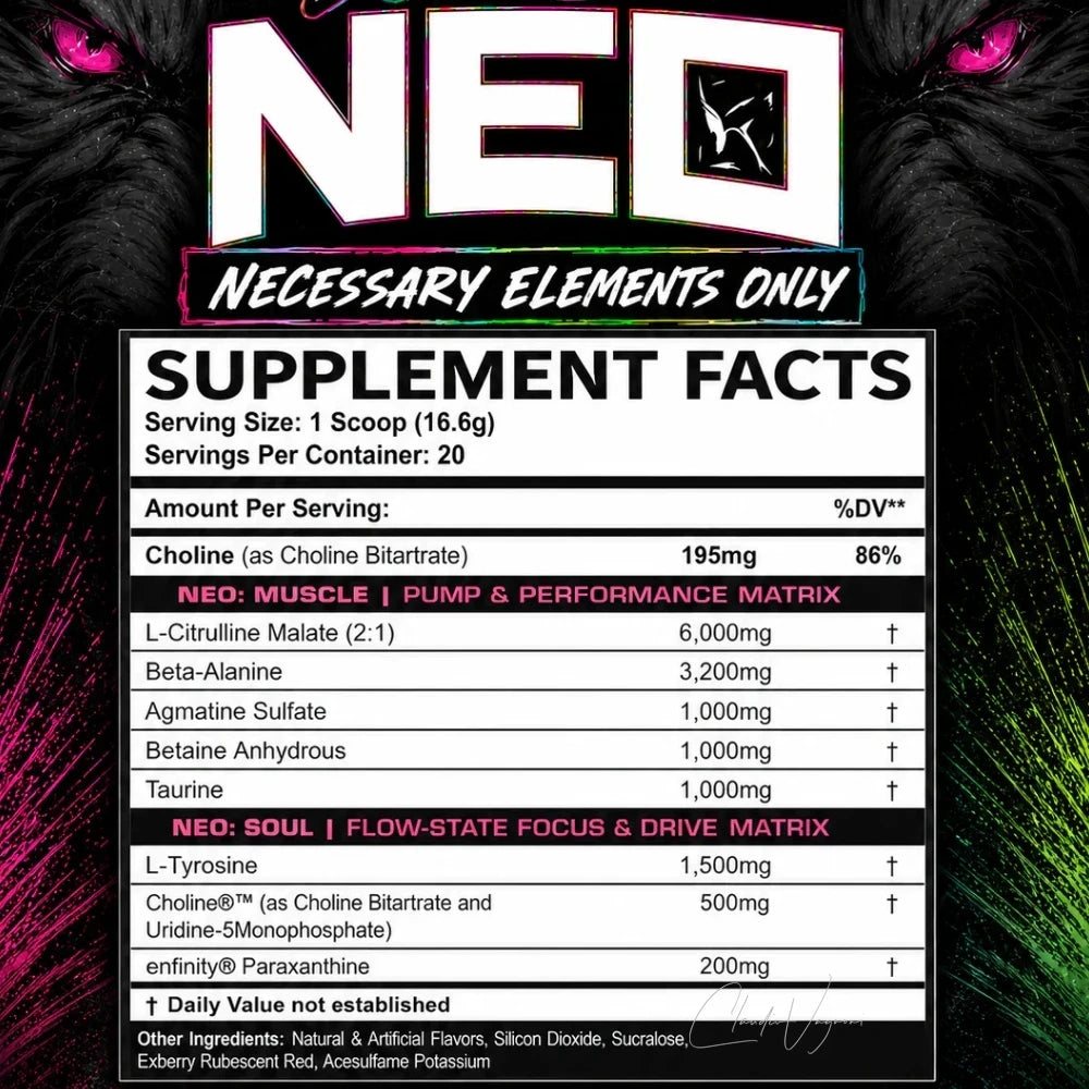 Etikett Inspired DVST8 NEO, Pre-Workout ohne Koffein, Supplement Facts mit allen Mengen pro 16,6g Scoop