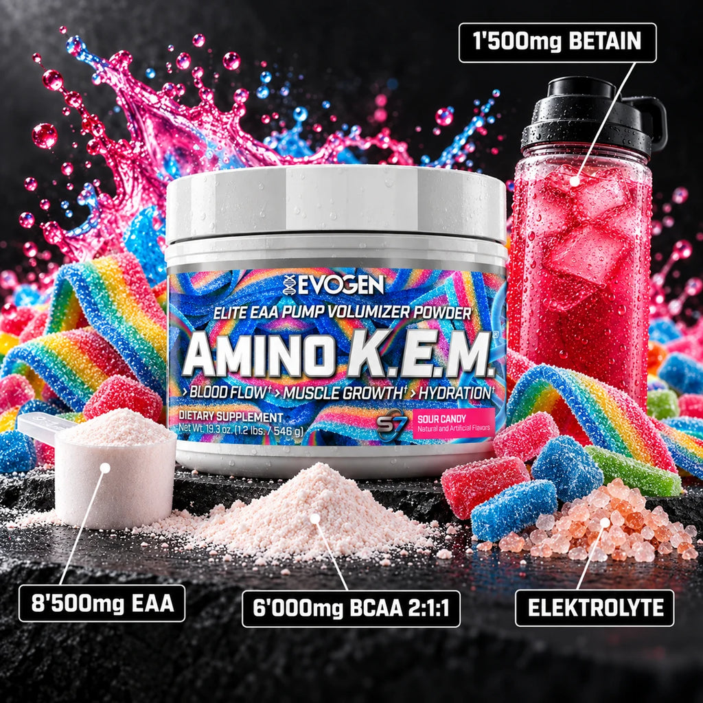 Evogen Amino K.E.M. Sour Candy – 8'500mg EAA, 6'000mg BCAA 2:1:1, 1'500mg Betain, Elektrolyte