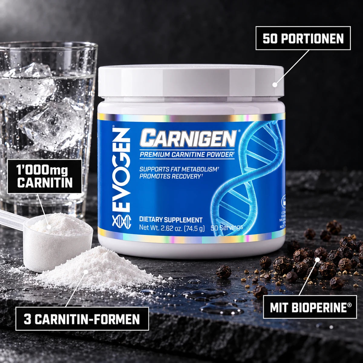 Evogen Carnigen – 1'000mg Carnitin aus 3 Formen mit Bioperine, 50 Portionen