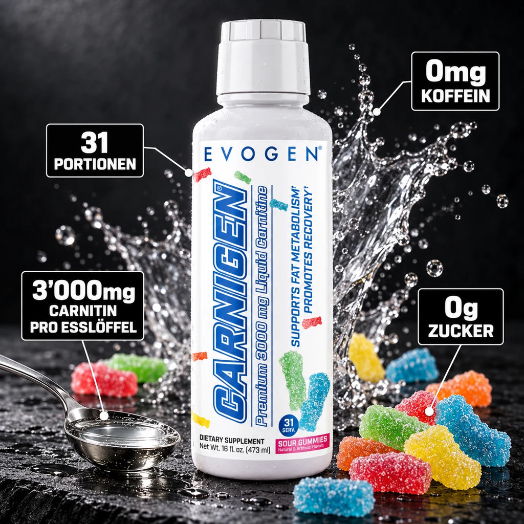 Evogen Carnigen Liquid 473ml – 3'000mg Carnitin pro Esslöffel, 0g Zucker, 0mg Koffein, 31 Portionen