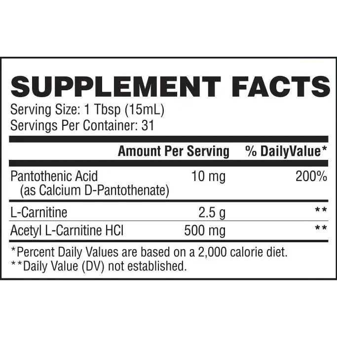 Evogen Carnigen Liquid L-Carnitin flüssig, Flasche mit Supplement Facts: L-Carnitin, Acetyl-L-Carnitin und Pantothensäure