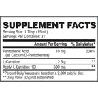 Evogen Carnigen Liquid L-Carnitin flüssig, Flasche mit Supplement Facts: L-Carnitin, Acetyl-L-Carnitin und Pantothensäure