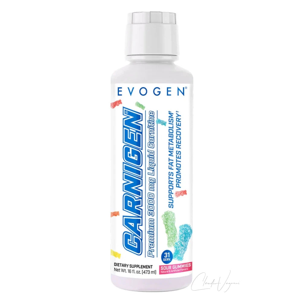 Flasche Evogen Carnigen Liquid, L-Carnitin flüssig mit 3'000mg pro Esslöffel und Acetyl-L-Carnitin, Sour Gummies, 473ml