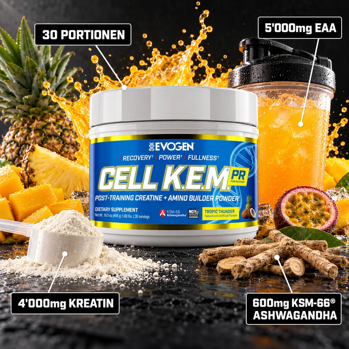 Evogen Cell K.E.M. PR Tropic Thunder – 4'000mg Kreatin, 5'000mg EAA, 600mg KSM-66 Ashwagandha, 30 Portionen