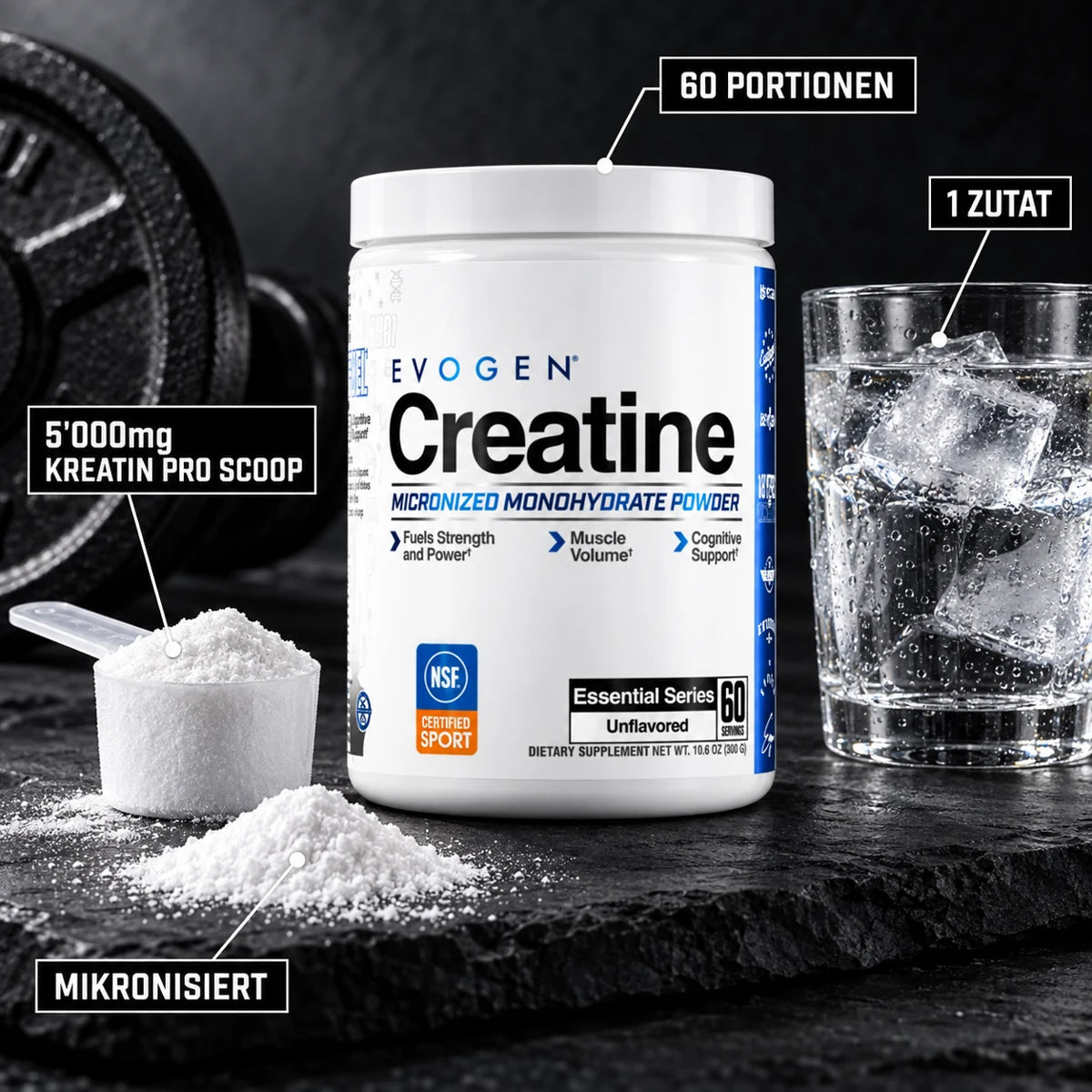 Evogen Creatine 300g – 5'000mg Kreatin pro Scoop, mikronisiert, 1 Zutat, 60 Portionen