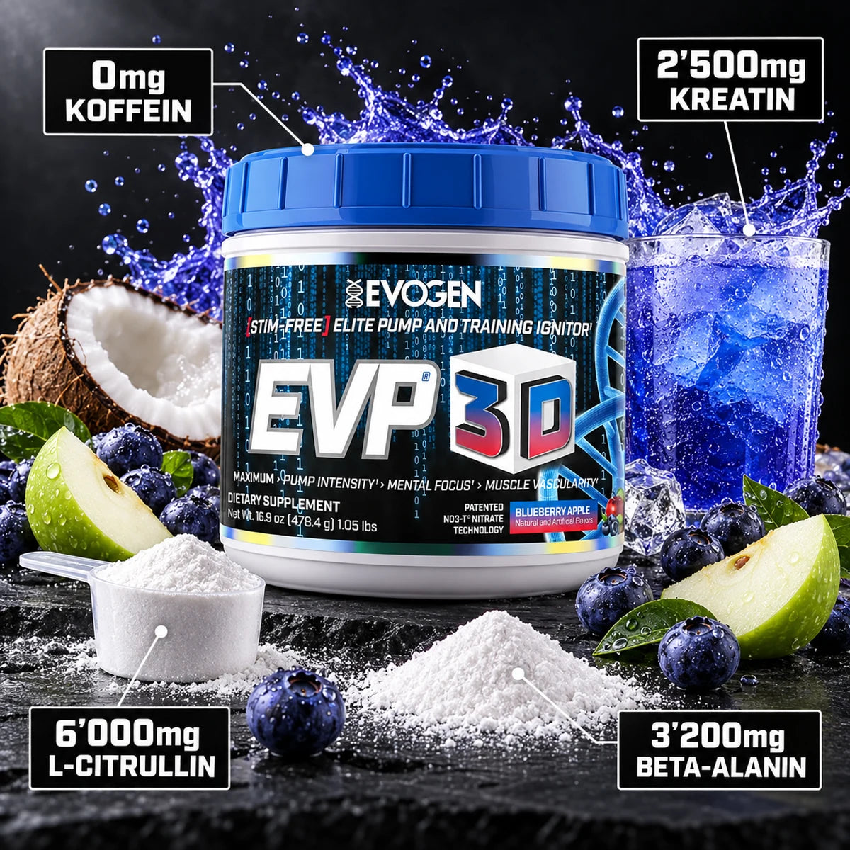 Evogen EVP-3D 465g Blueberry Apple – 6'000mg L-Citrullin, 3'200mg Beta-Alanin, 2'500mg Kreatin, 0mg Koffein
