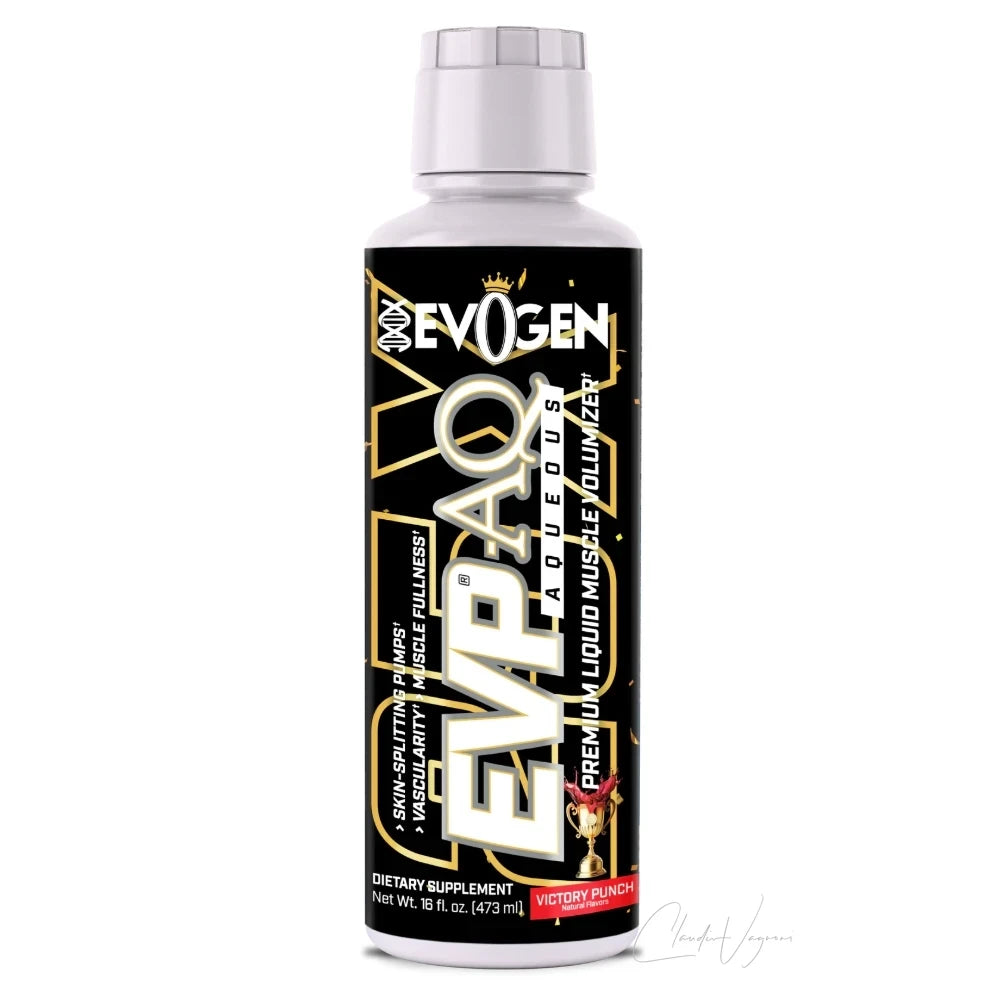 Flasche Evogen EVP-AQ 473ml, flüssiger Pump Pre-Workout ohne Koffein, Sorte Victory Punch, Vorderseite