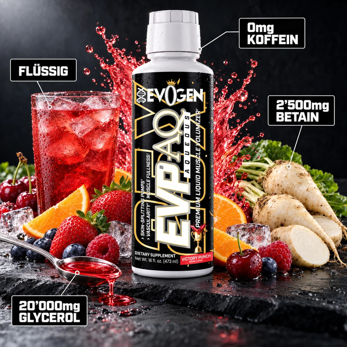 Evogen EVP-AQ 473ml Victory Punch – 20'000mg Glycerol, 2'500mg Betain, flüssig, 0mg Koffein