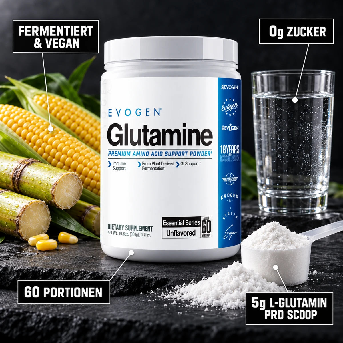 Evogen Glutamine 300g – 5g L-Glutamin pro Scoop, fermentiert und vegan, 0g Zucker, 60 Portionen