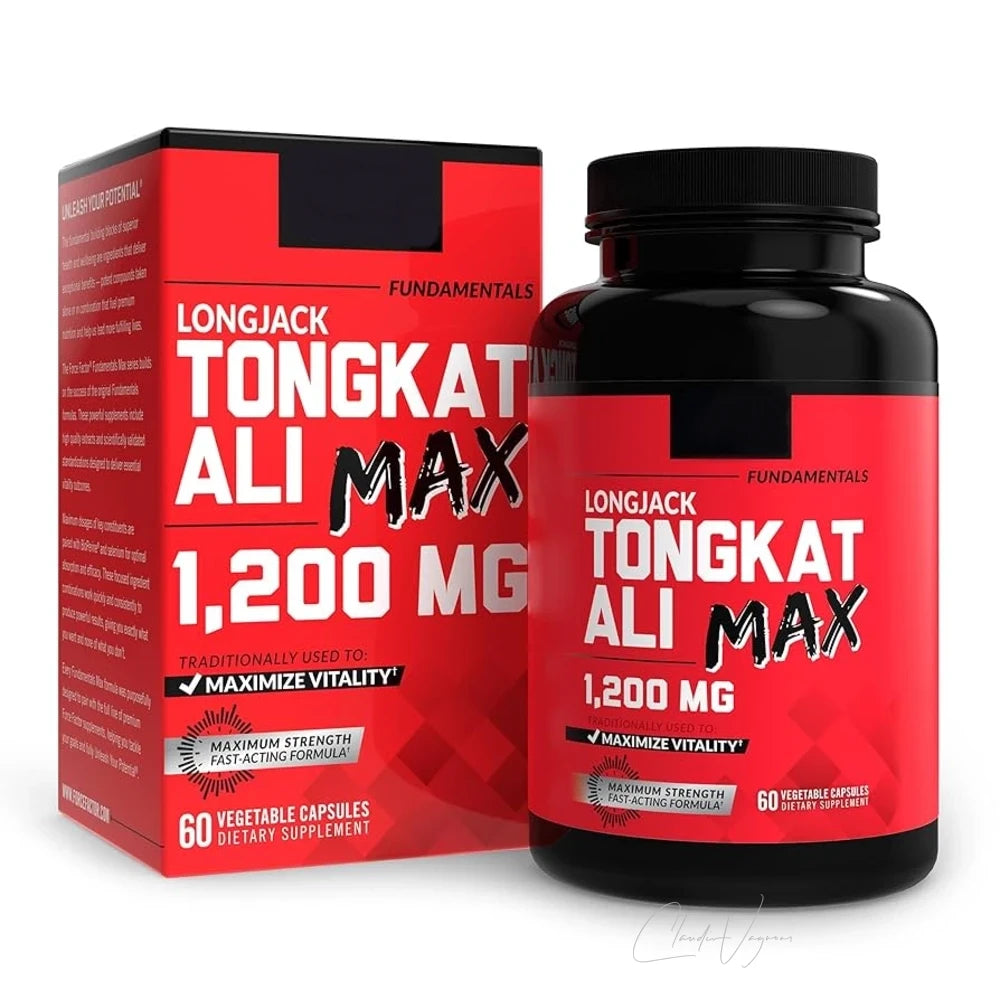 Force Factor LongJack Tongkat Ali Max Dose und Schachtel mit 60 vegetarischen Kapseln und 1200mg Tongkat Ali pro Portion