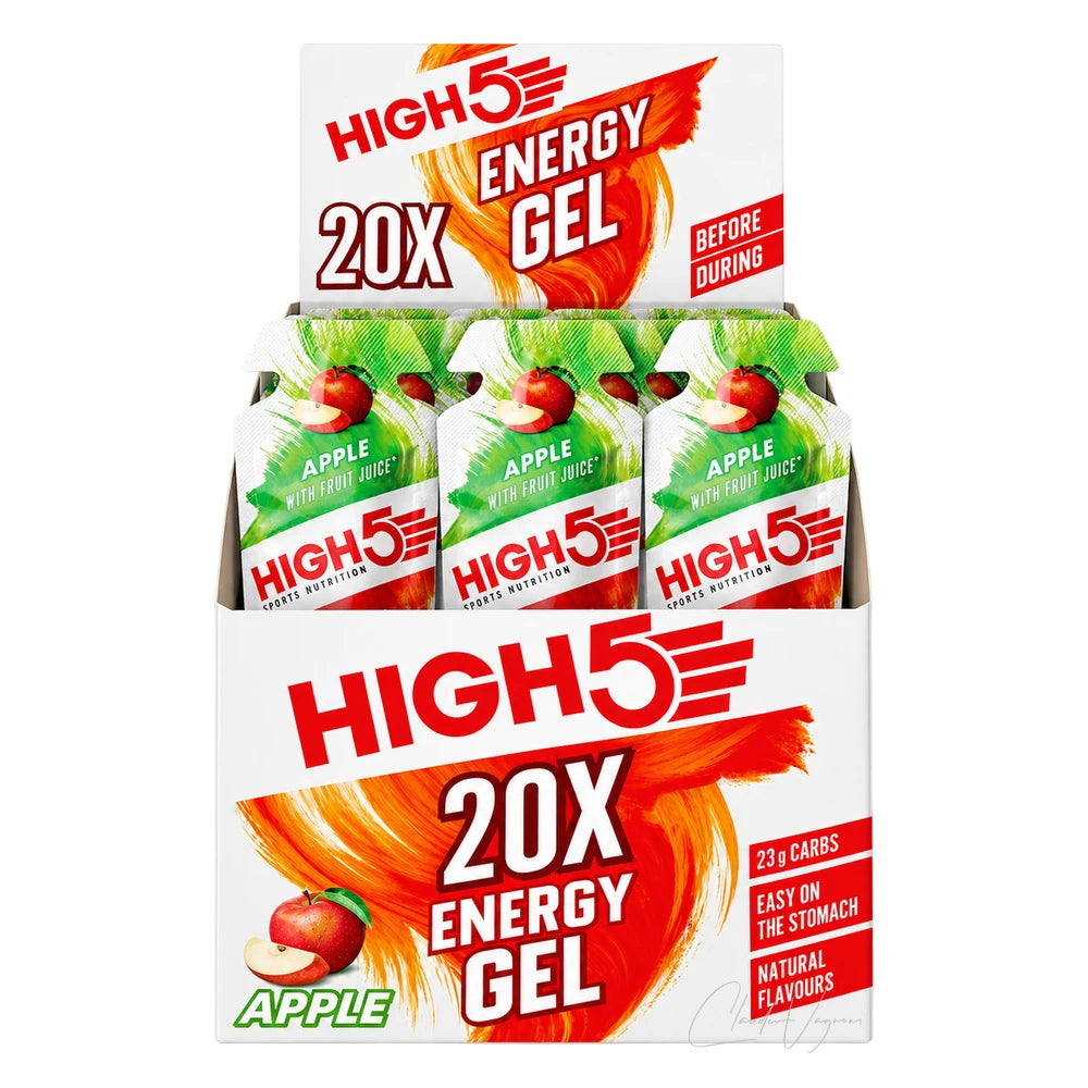 High5 Energy Gel Box 20 x 40g Apple – Energy Gel mit 23g Kohlenhydraten pro Beutel