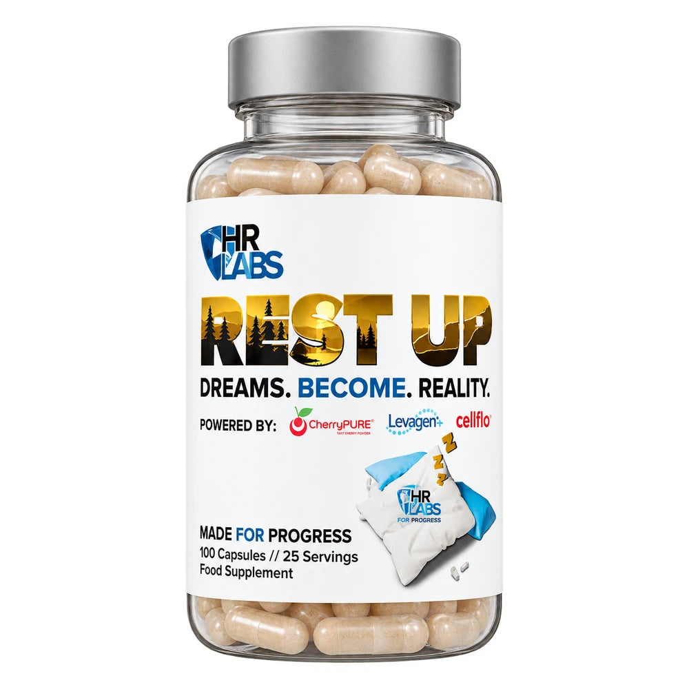 Dose HR Labs Rest Up mit 100 veganen Kapseln, 1'000mg CherryPURE® Sauerkirsche plus PEA und Apigenin pro Tagesportion