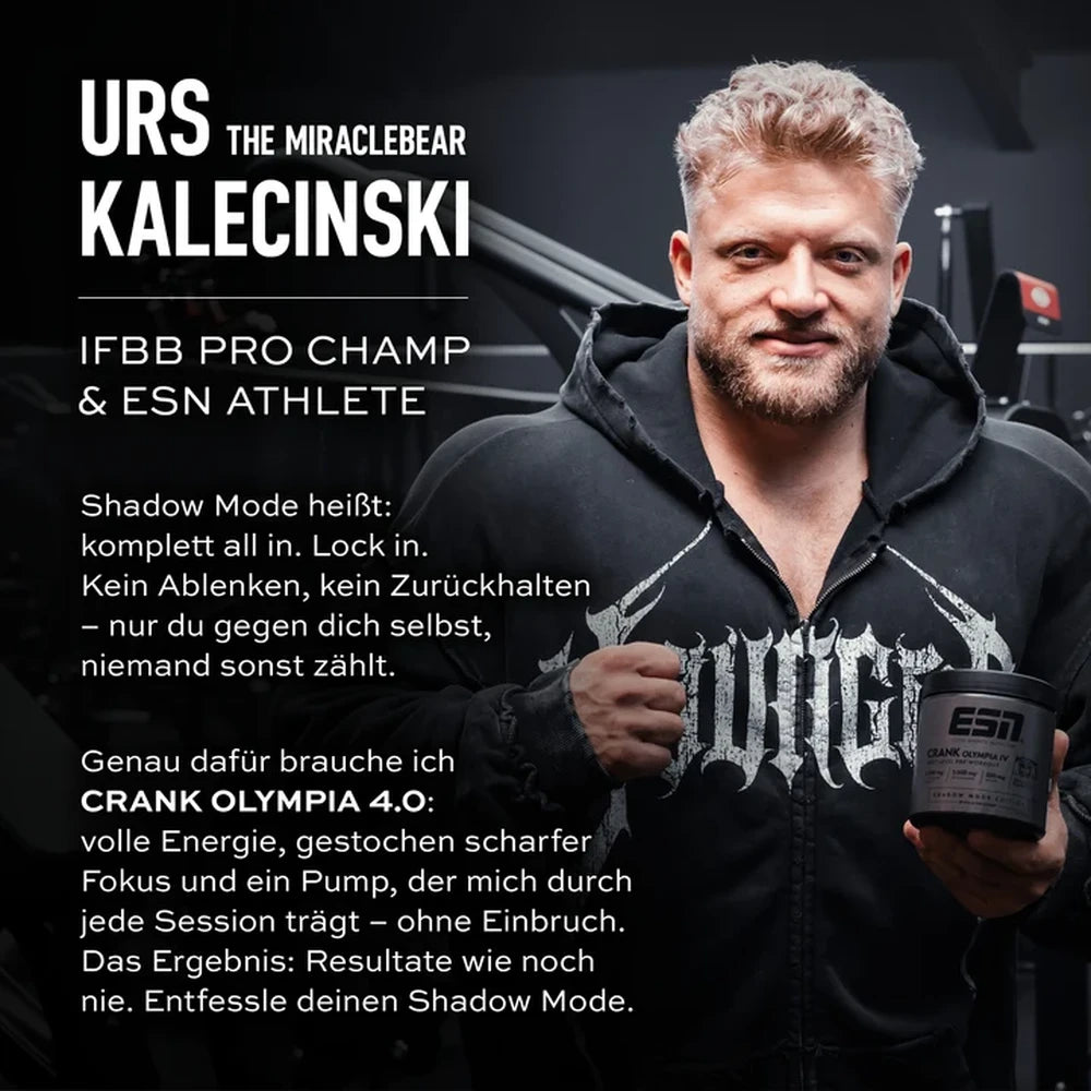 IFBB Pro Urs Kalecinski mit ESN Crank Olympia IV Pre-Workout Booster, Shadow Mode Edition