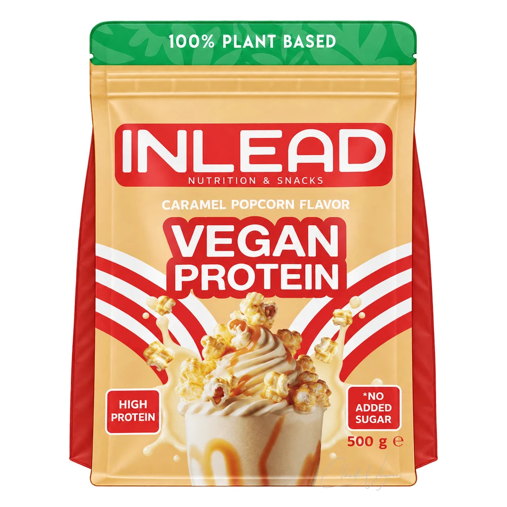 INLEAD Vegan Protein 500g Caramel Popcorn – veganes Proteinpulver mit 21g Protein, 7 Sorten