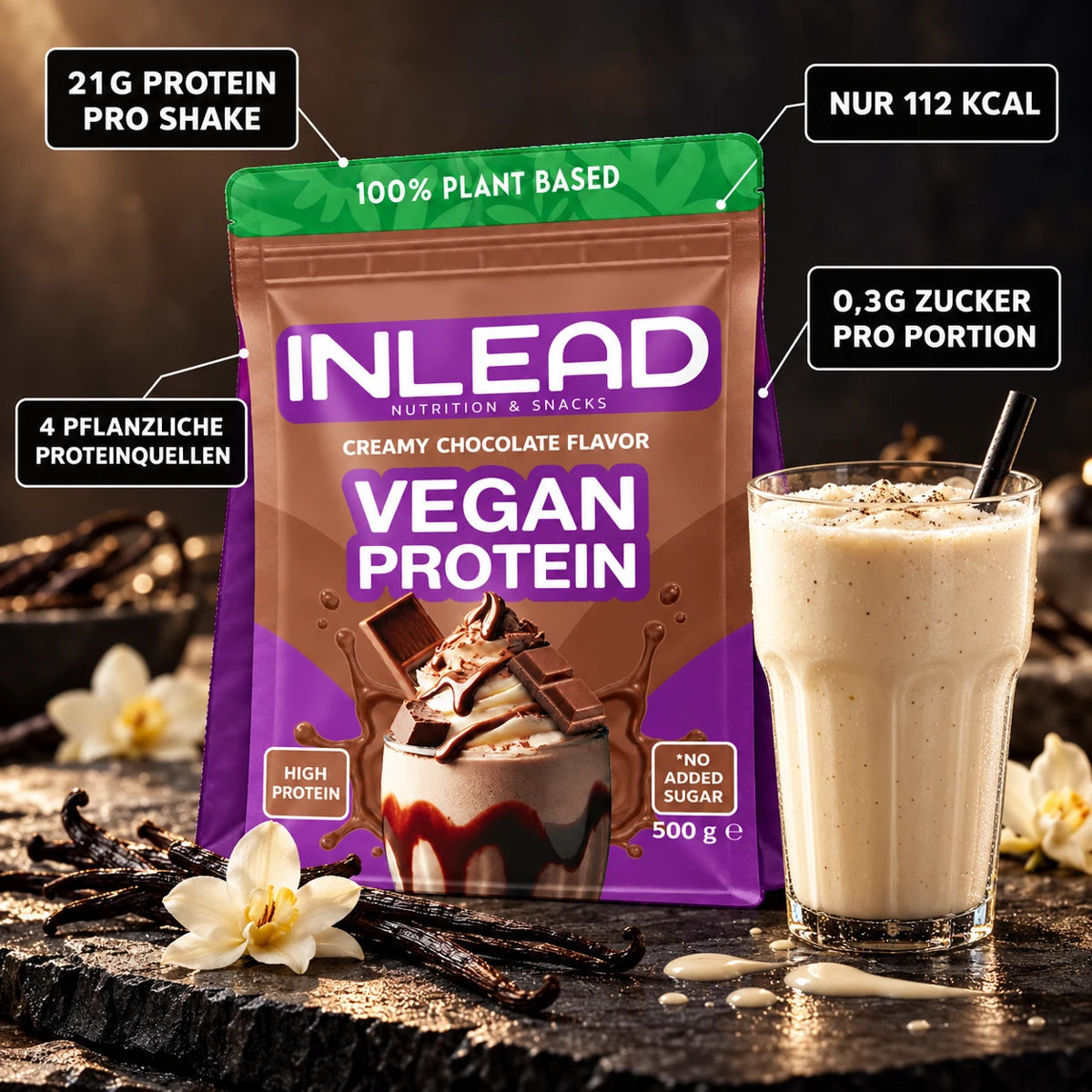 INLEAD Vegan Protein 500g Creamy Chocolate – 21g Protein pro Shake, 112 kcal, 4 pflanzliche Proteinquellen, 0,3g Zucker
