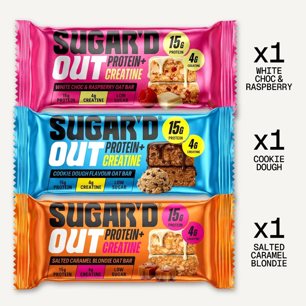 Kreatin Protein Riegel von Sugar'd Out aus der Mix Box: White Choc Raspberry, Cookie Dough und Salted Caramel Blondie
