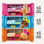 Kreatin Protein Riegel von Sugar'd Out aus der Mix Box: White Choc Raspberry, Cookie Dough und Salted Caramel Blondie