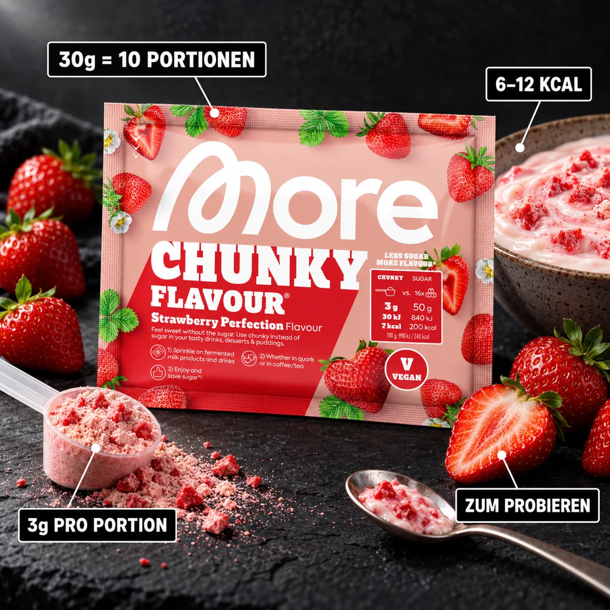 More Nutrition Chunky Flavour 30g Probe Strawberry Perfection – 30g für 10 Portionen à 3g, 6–12 kcal, zum Probieren