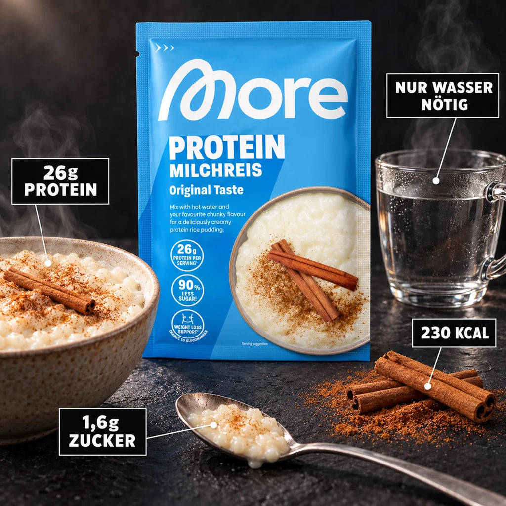 More Nutrition Protein Milchreis 65g Probe – 26g Protein, 1,6g Zucker, 230 kcal, nur Wasser nötig