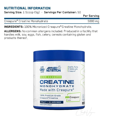 Nährwerttabelle Applied Nutrition Creapure Kreatin 250g mit 5000mg Kreatin Monohydrat pro Portion und 50 Portionen