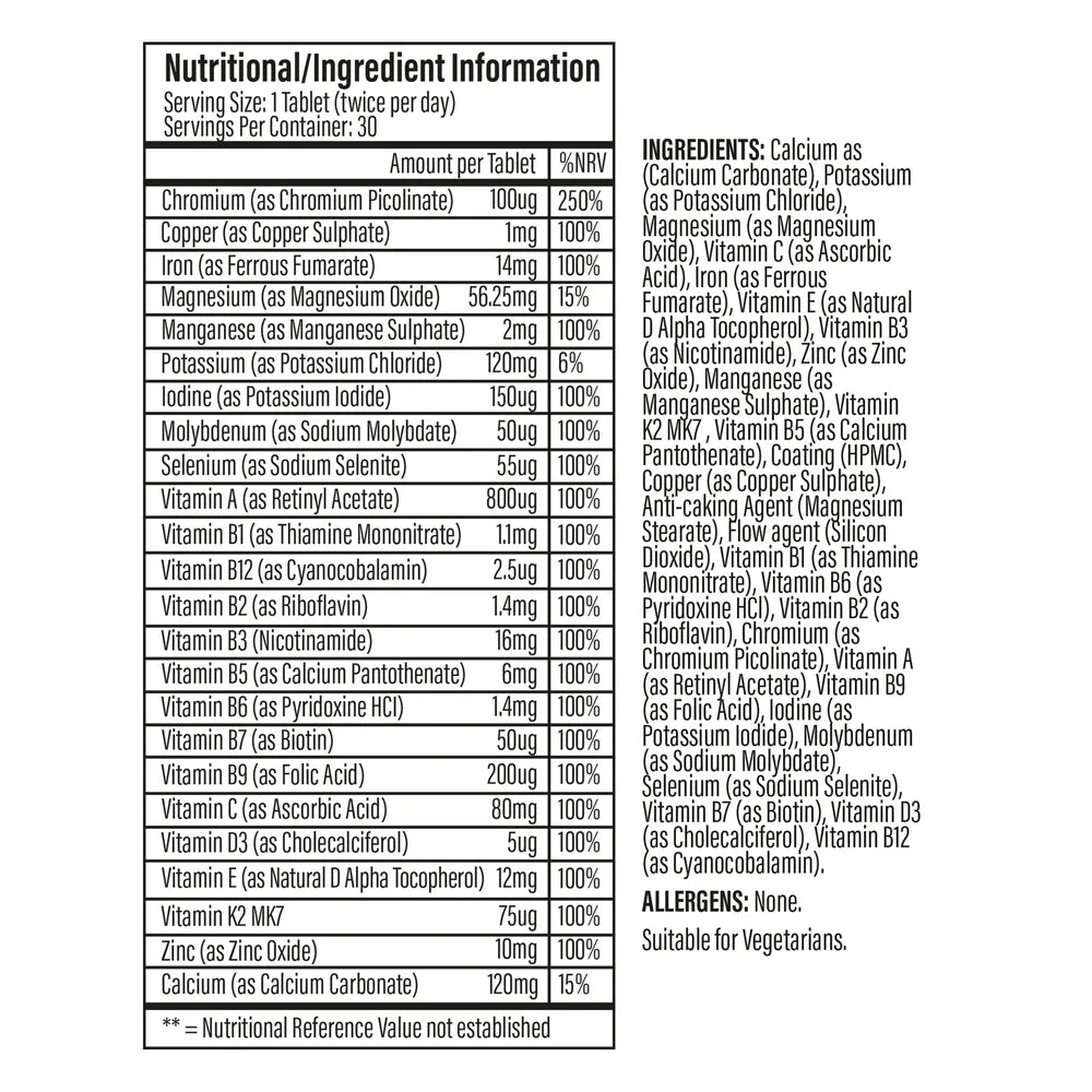 Nährwerttabelle TbJP The One Multivitamin mit 13 Vitaminen, 11 Mineralstoffen pro Tablette und Prozent des Referenzwerts