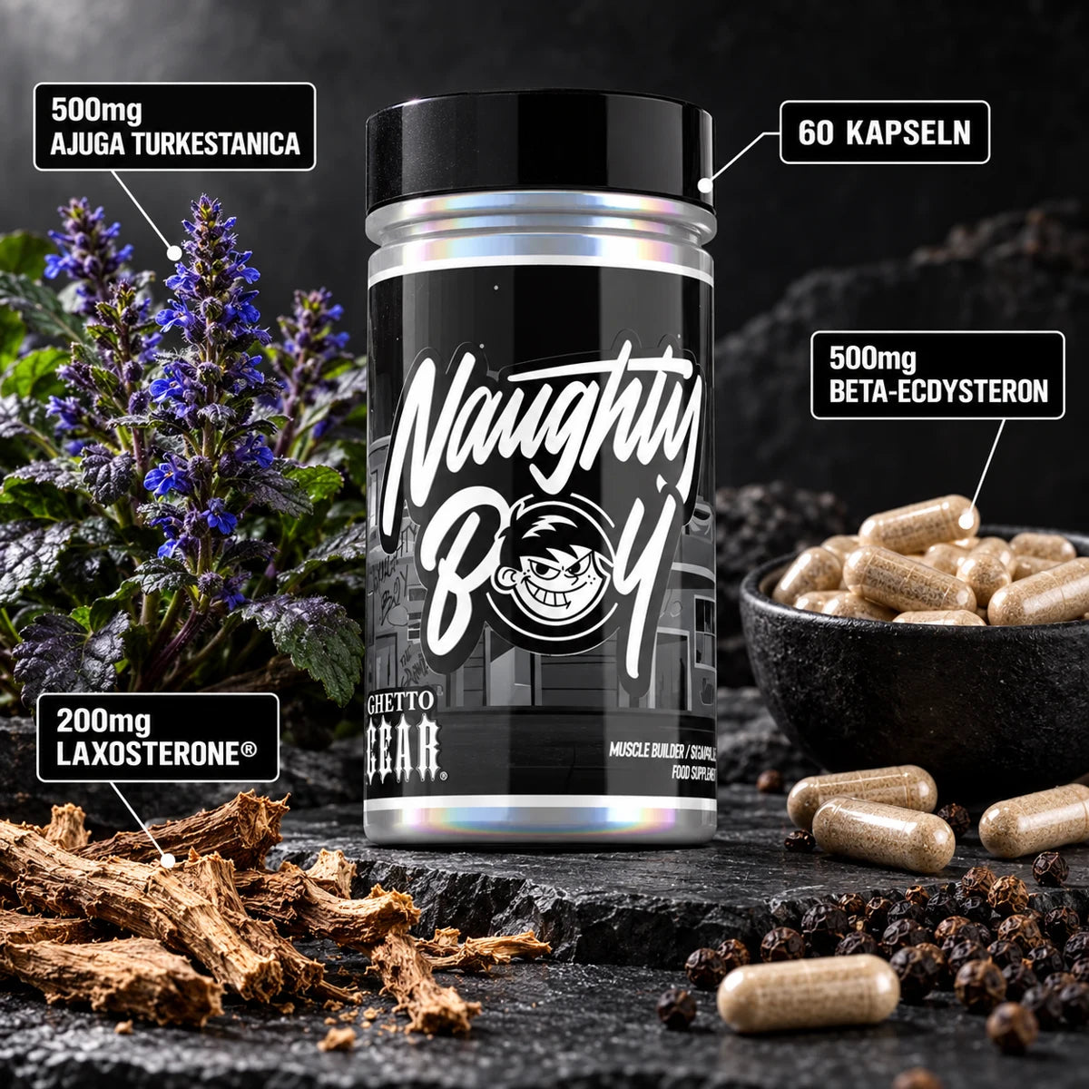 Naughty Boy Ghetto Gear – 500mg Ajuga turkestanica, 500mg Beta-Ecdysteron, 200mg Laxosterone, 60 Kapseln