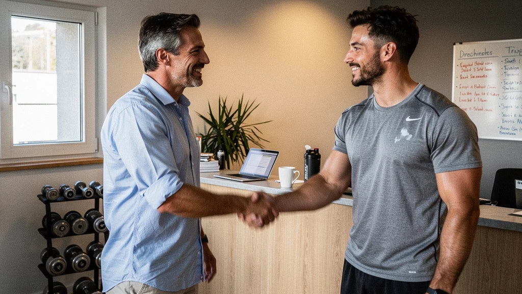 Partnerprogramm Sports Nutritions: Coach und Athlet geben sich an der Theke des Fitnessstudios die Hand