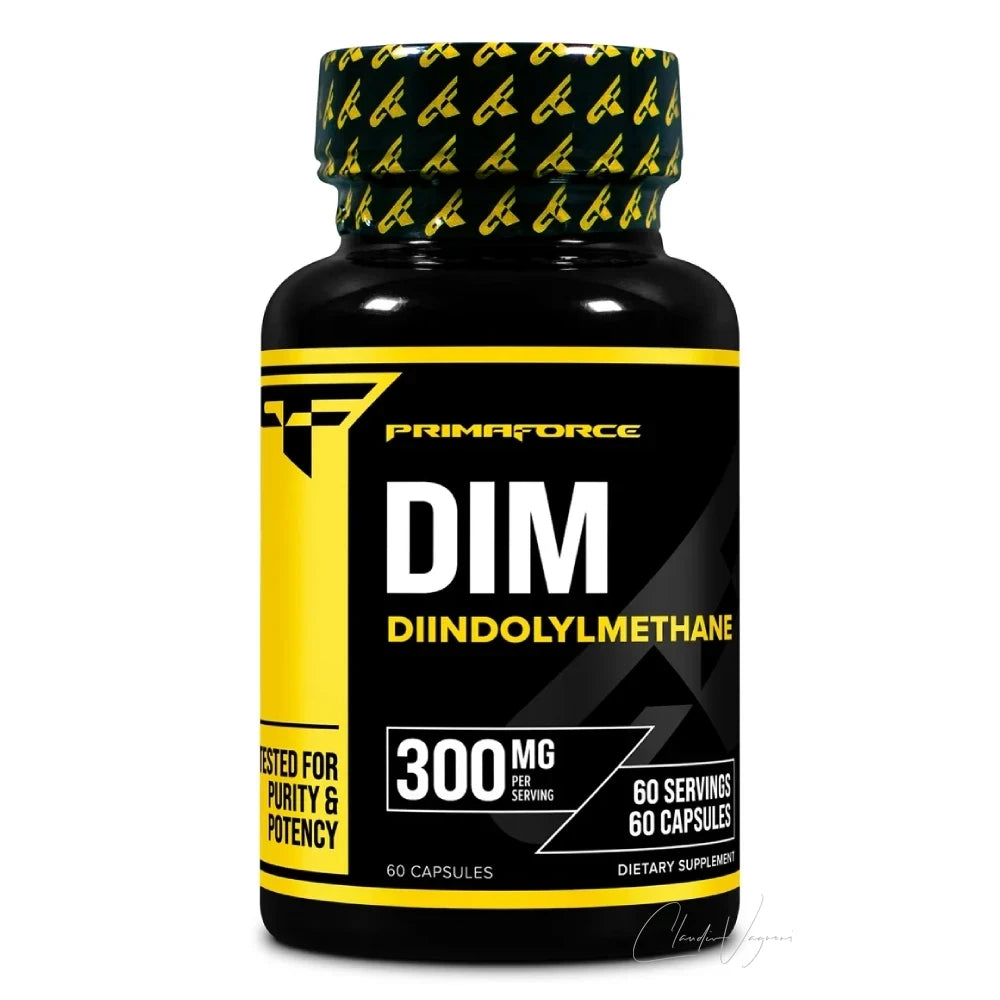 PrimaForce DIM Dose mit 60 vegetarischen Kapseln und 300mg Diindolylmethan pro Kapsel plus 5mg BioPerine auf weissem Grund