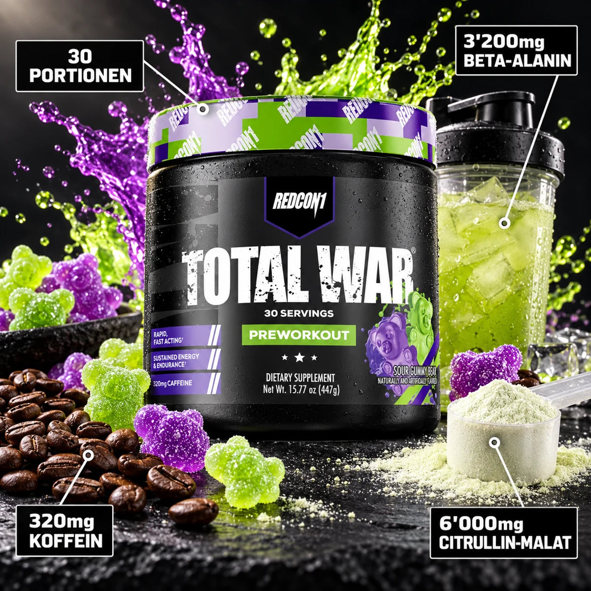 Redcon1 Total War Pre-Workout Sour Gummy Bear – 320mg Koffein, 6'000mg Citrullin-Malat, 3'200mg Beta-Alanin, 30 Portionen