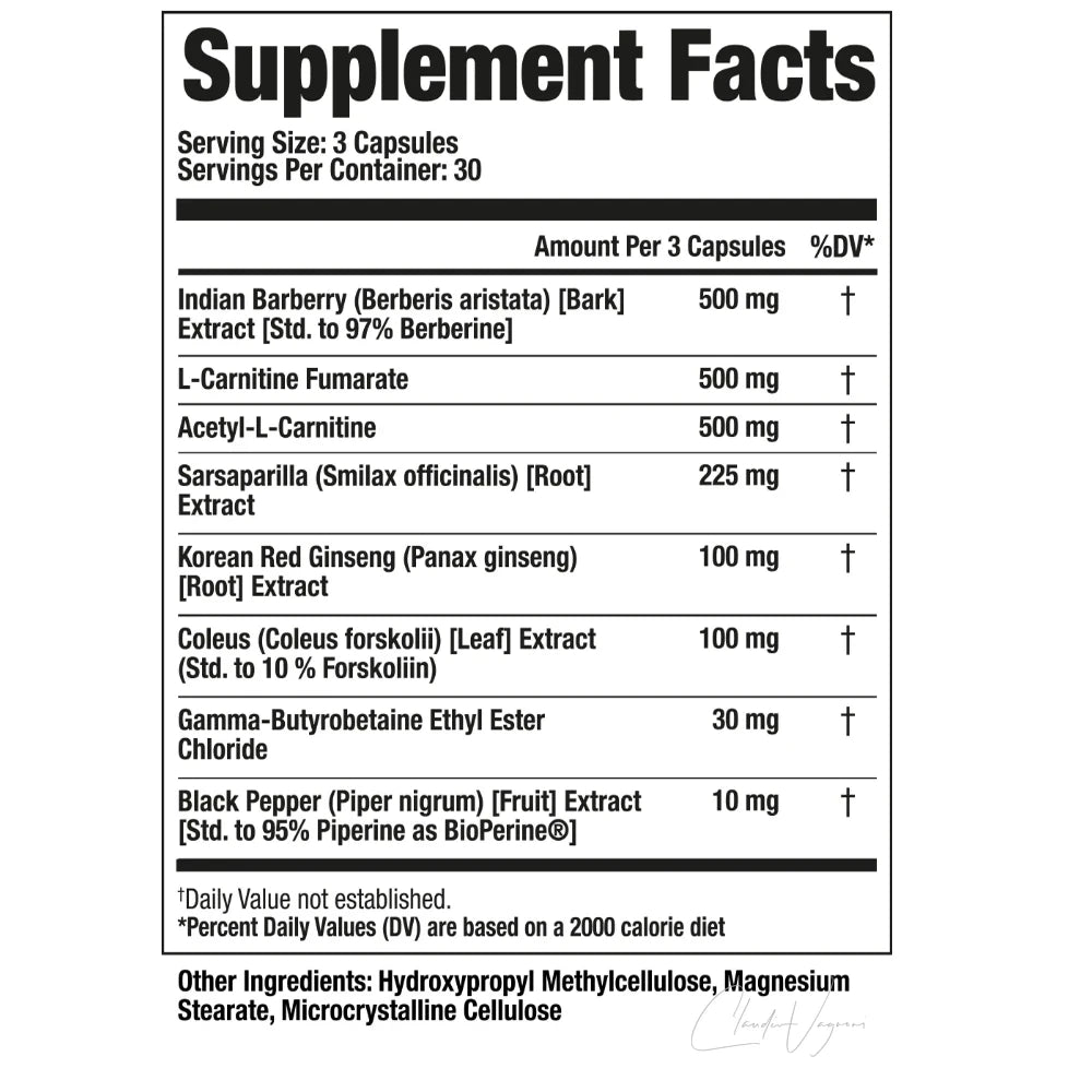 Rückseite American Metabolix Lean Muscle 120 Kapseln mit Berberin 97 %, Carnitin-Stack und BioPerine