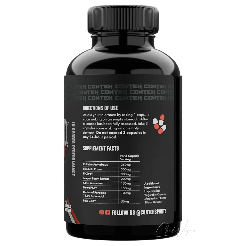 Rueckseite der Conteh Sports Pre Shred Dose mit Supplement Facts 350mg Koffein Rhodiola EnXtra Wacholderbeere und NeuroPEA