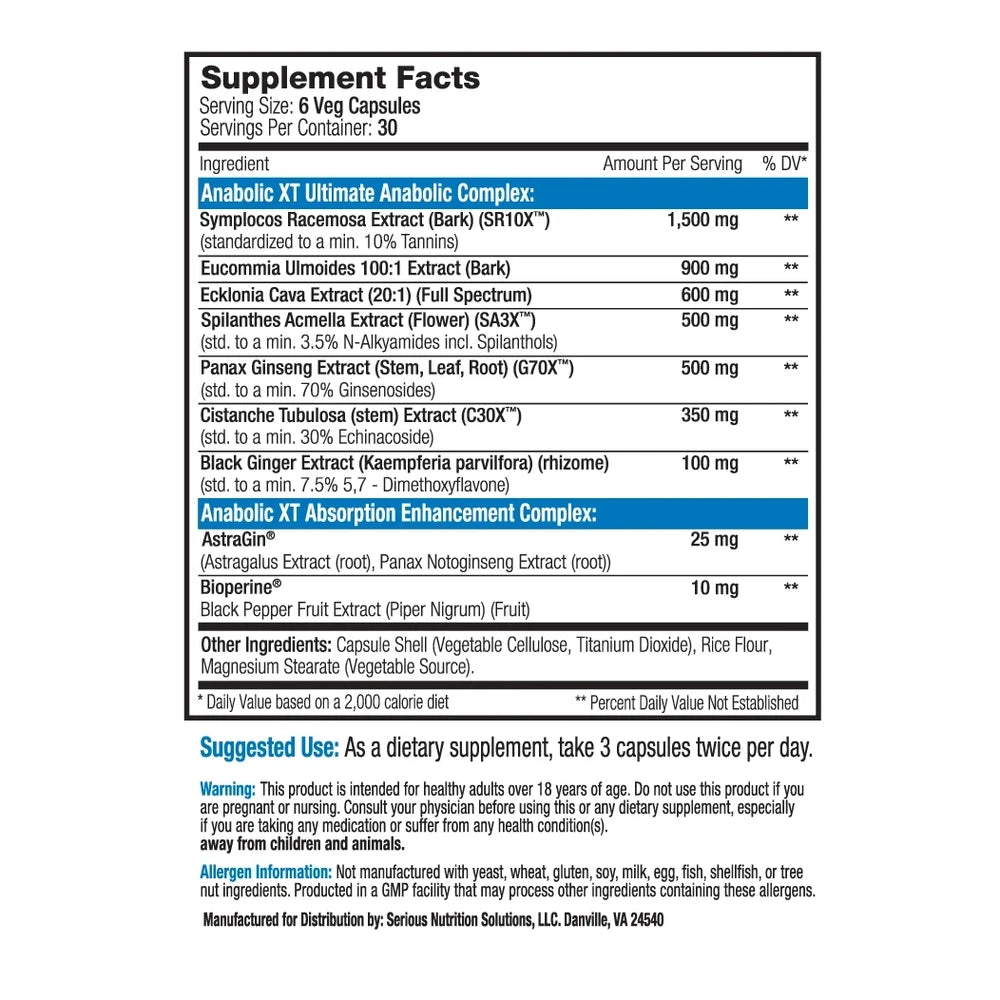 SNS Anabolic XT Testo Booster 180 Kapseln mit 4485mg Pflanzenextrakten pro Portion aus neun Extrakten in der Seitenansicht