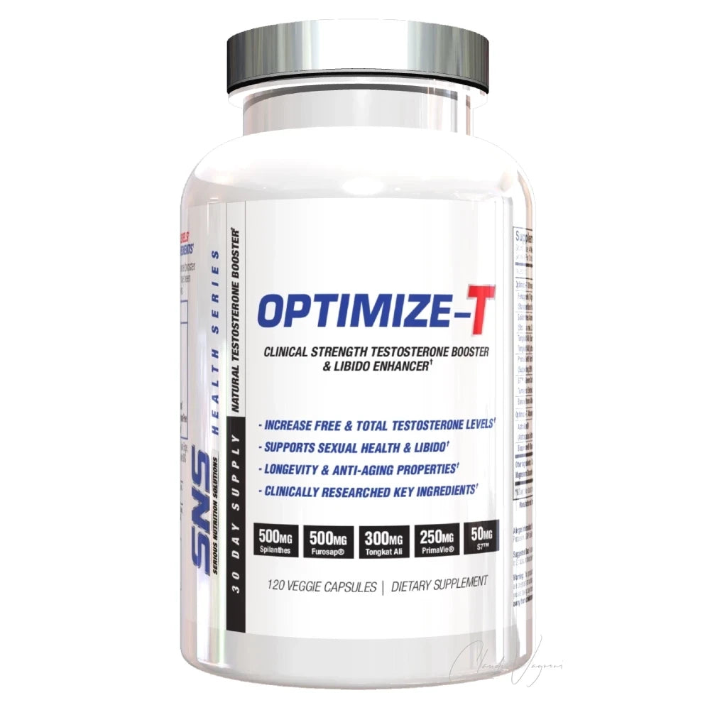 SNS Optimize T Dose mit 120 Kapseln Testo Booster mit acht Markenrohstoffen wie Furosap SA3X und PrimaVie auf weissem Grund
