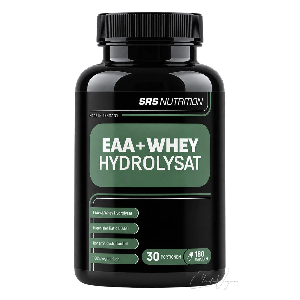 Dose SRS Nutrition EAA + Whey Hydrolysat, EAA Kapseln mit 180 Stück für 30 Portionen, Made in Germany, weisser Hintergrund